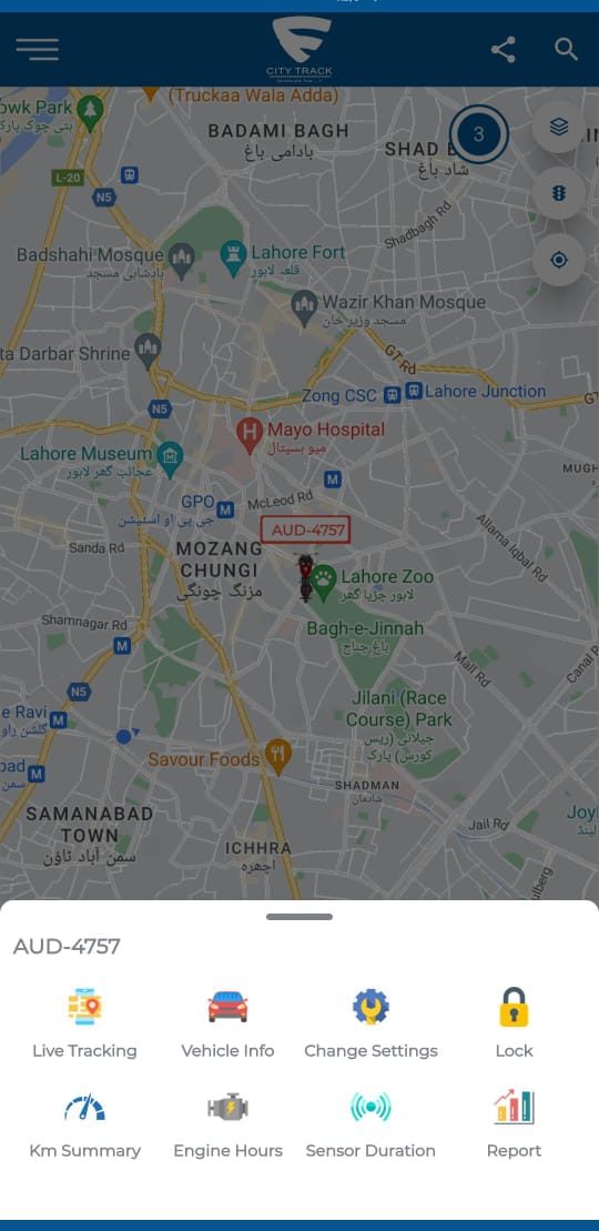 CityTrack vehicle actions: live tracking, vehicle info, settings, lock, reports