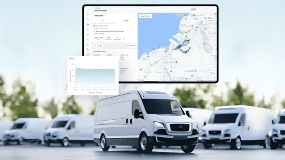 Van fleet with the live route map and journey history dashboard above it