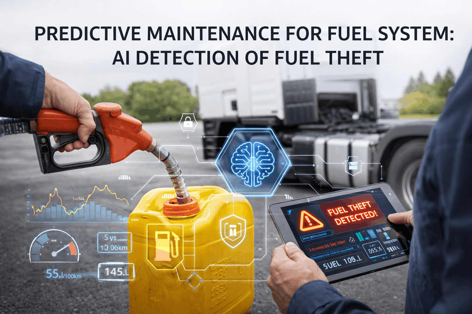 Fuel theft detected alert on a tablet while fuel is siphoned from the truck into a jerry can