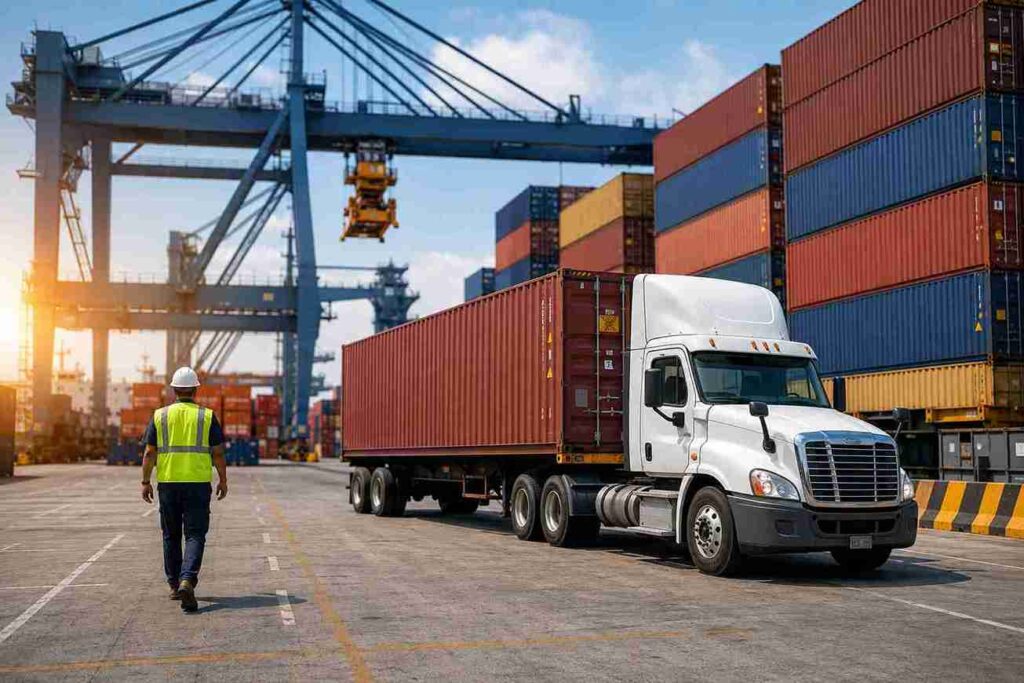 Container truck leaving the port terminal under the gantry cranes