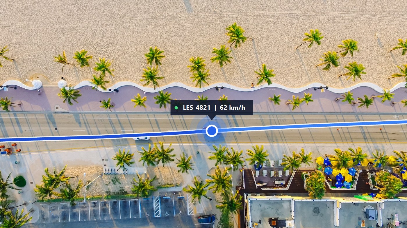 Aerial live-tracking view with route line, vehicle marker and speed chip