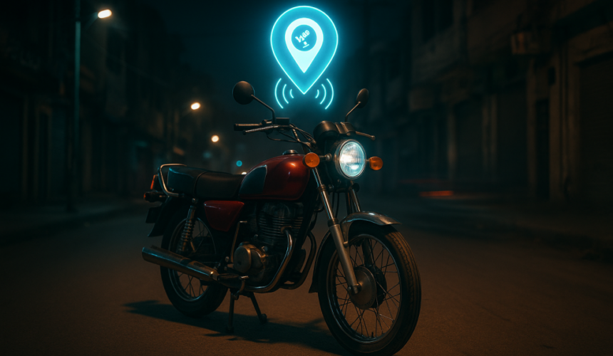 Motorcycle parked on a night street with a glowing GPS location pin above it